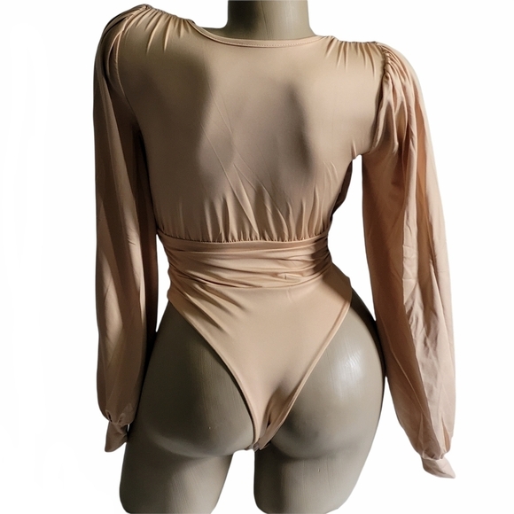 Burgundy Red Deep V Neck Long Balloon Sleeve Bodysuit - Picture 5 of 11